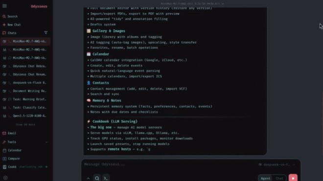 Chat GPT自托管神器Odysseus:本地跑AI,数据不外泄-第2张图片-世界杯直播平台-世界杯2026直播平台-免费观看官方-V3.6.9 Odysseus 聊天与 Agent 界面演示 | 来源:GitHub 仓库
